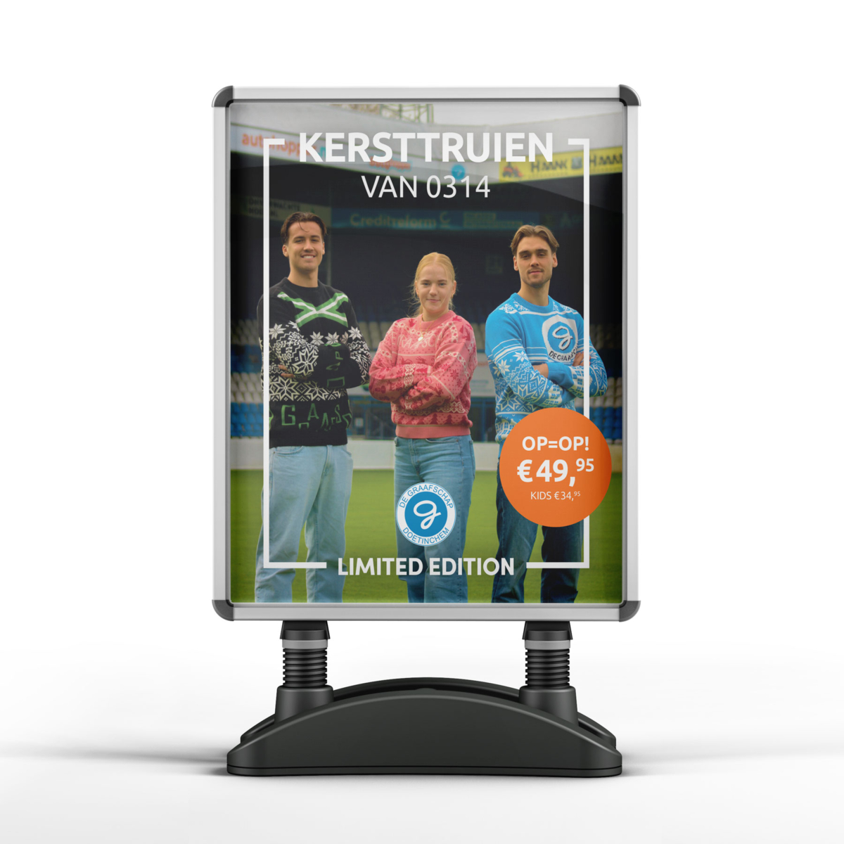 De Heren Dames van 0314 Kersttruien campagne Stoepbord