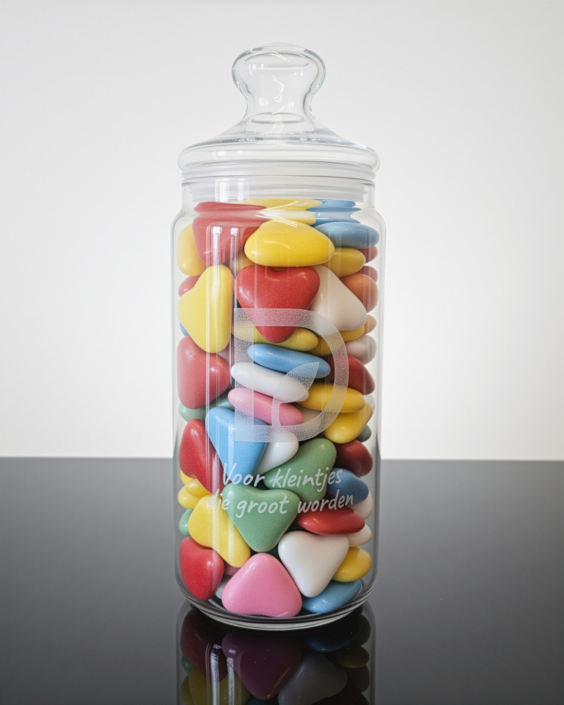 Glazen snoeppot met gegraveerd logo voor DOOR kinderkleding gevuld