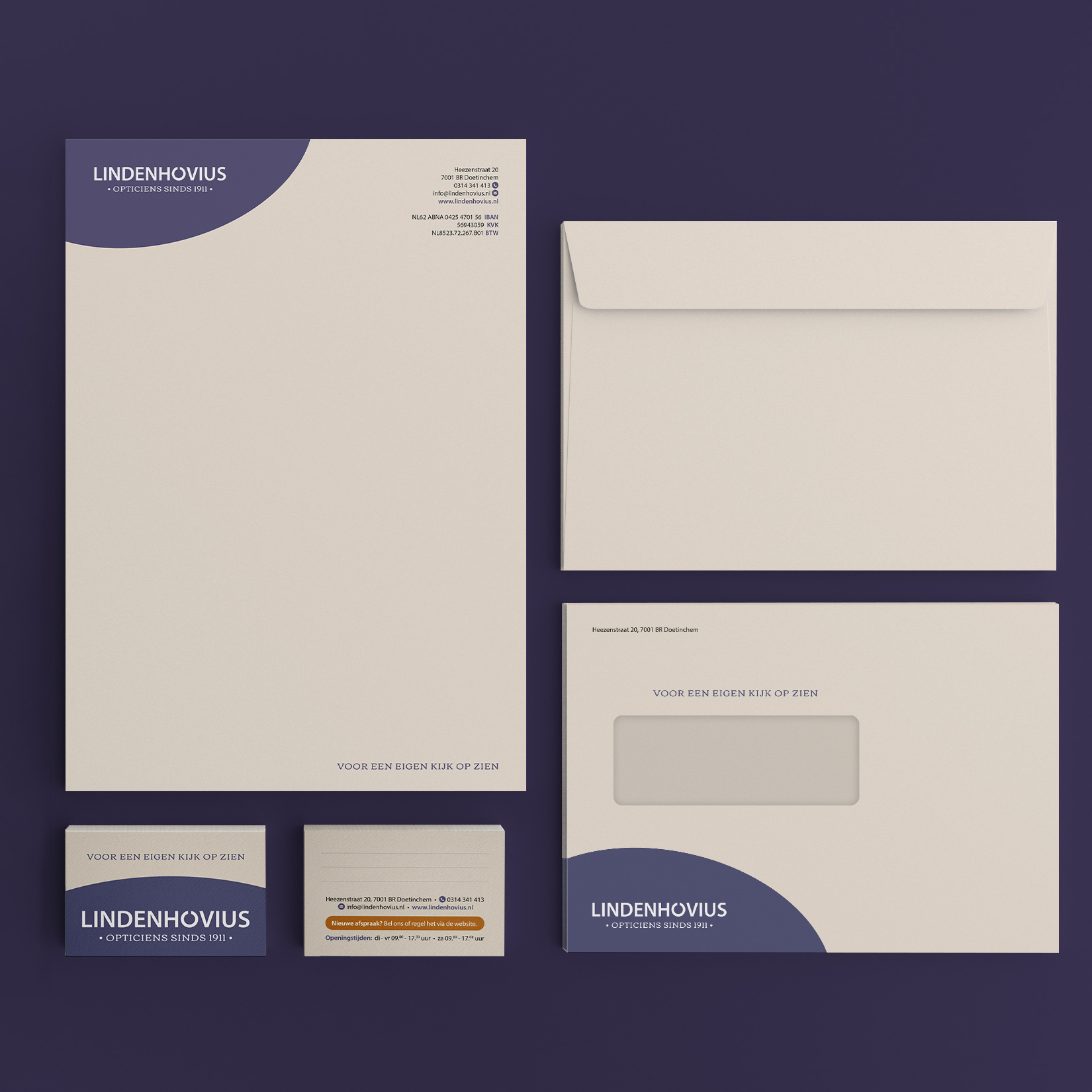 Lindenhovius Opticiens Huisstijldragers Briefpapier Envelop Afsprakenkaartje