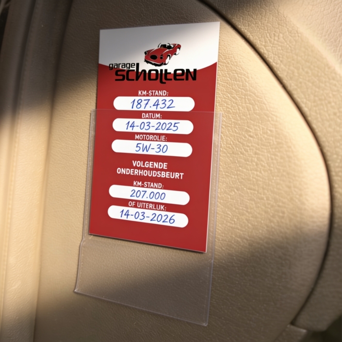 Ingevuld doorsmeerkaartje van Garage Scholten in transparant hoesje