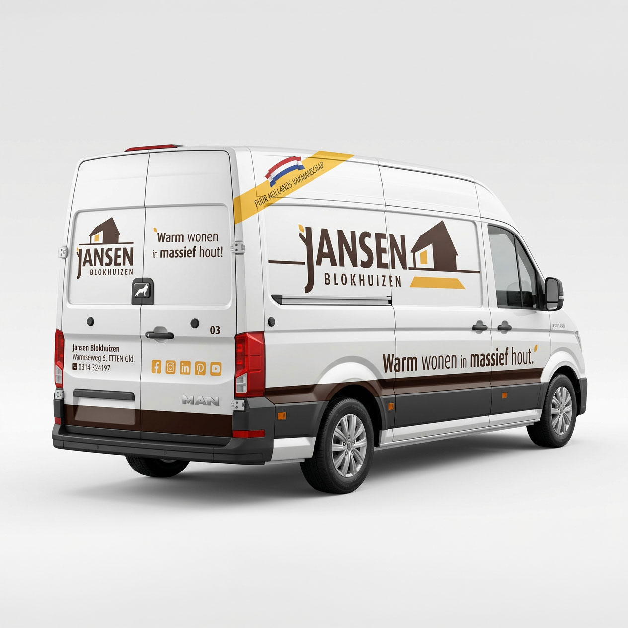 Busbelettering Jansen Blokhuizen Achterhoek achterkant Achteraanzicht en zijaanzicht van een bestelbus voorzien van de bedrijfsbelettering van Jansen Blokhuizen.