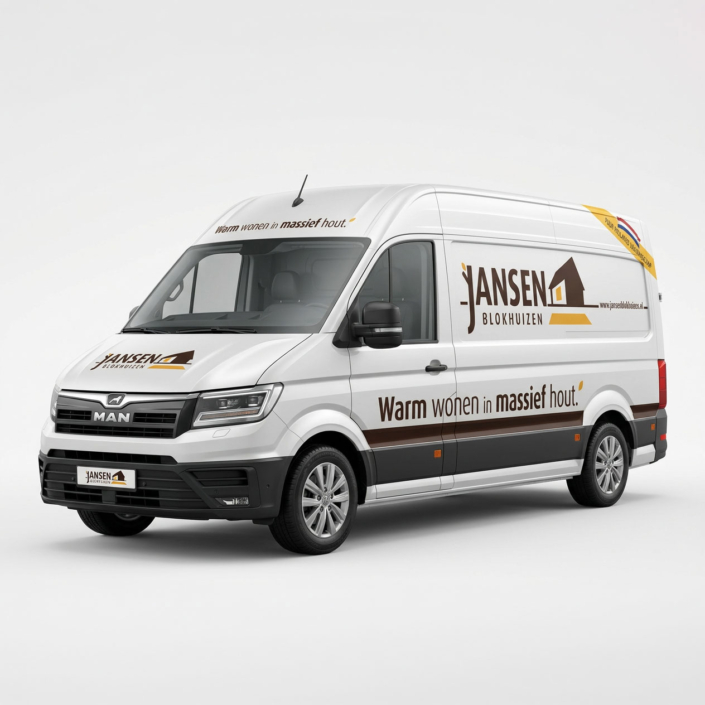 Vooraanzicht en zijkant van een bestelbus voorzien van de bedrijfsbelettering van Jansen Blokhuizen.