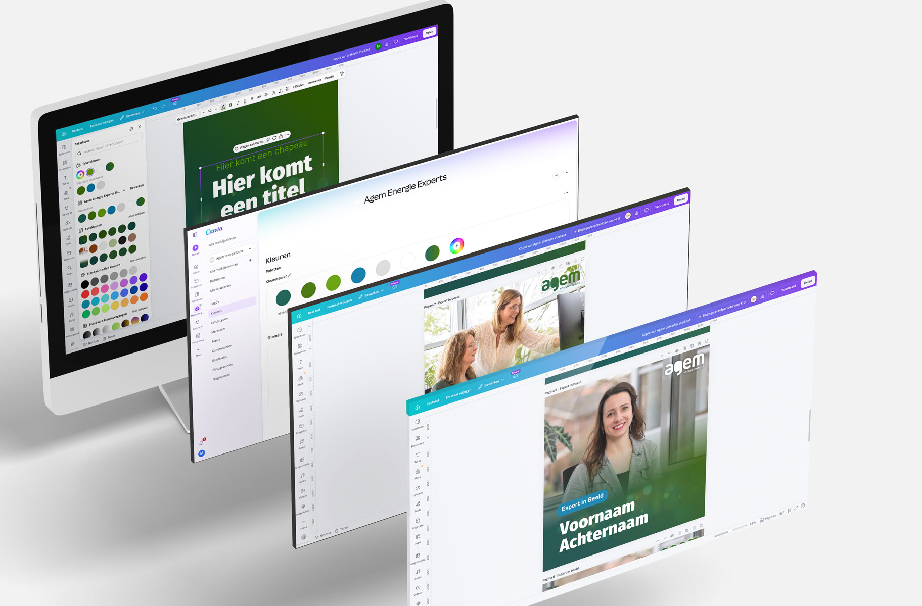 Handig Canva-sjabloon voor LinkedIn-berichten van Agem Energie Experts, waarmee collega's snel zelfstandig professionele social media uitingen maken.