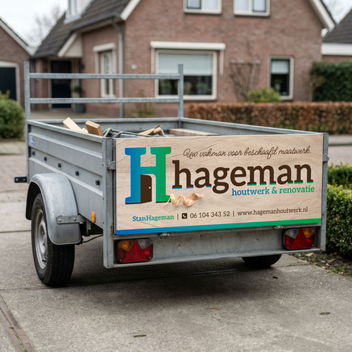 Reclamebord in houtlook op de aanhangwagen van Hageman Houtwerk & Renovatie, gemaakt van dibond met coating voor buitengebruik