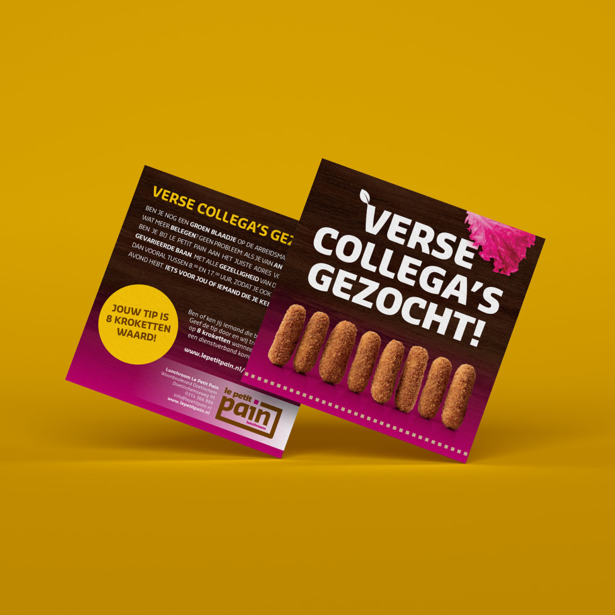 Meegeefflyer personeelscampagne Le Petit Pain Flyer van de personeelscampagne die wordt meegegeven bij bestellingen van Le Petit Pain.