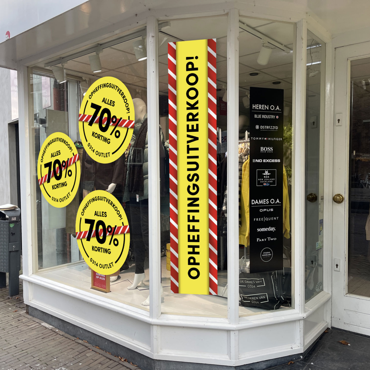Opheffingscampagne Outlet 0314 - raamstickers etalage Raamstickers opheffingsuitverkoop op etalageramen Outlet van 0314