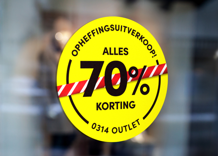 Ronde raamsticker opheffingsuitverkoop 70% korting Outlet van 0314