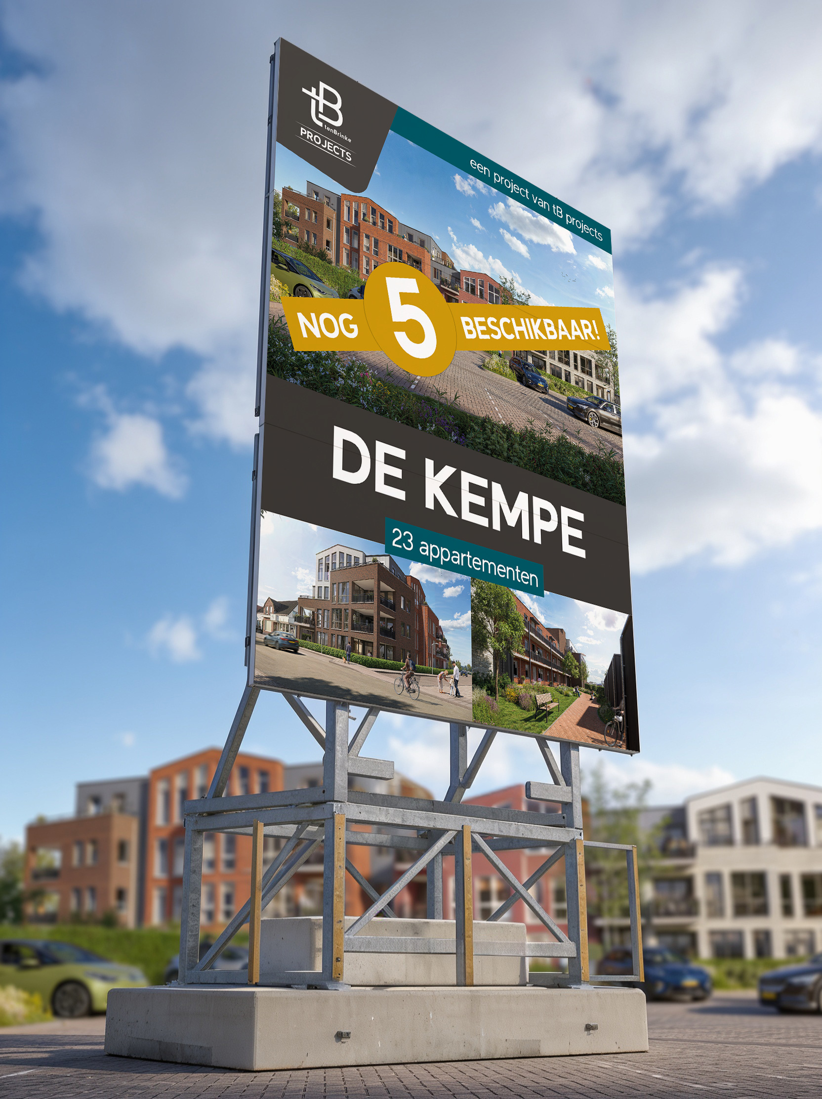 Bouwbord De Kempe in Varsseveld met RapidAir sticker die het actuele aantal beschikbare appartementen toont