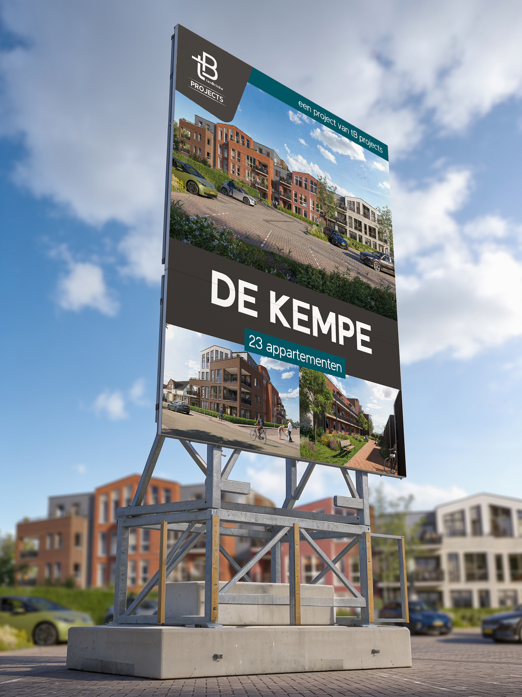 Bouwbord van tB Projects voor nieuwbouwproject De Kempe, geplaatst op de bouwlocatie in Varsseveld