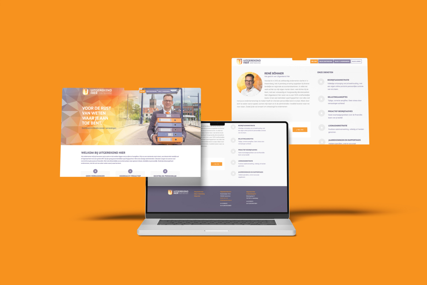 Website in huisstijl voor administratiekantoor Uitgerekend Hier, met homepage en overzicht van diensten