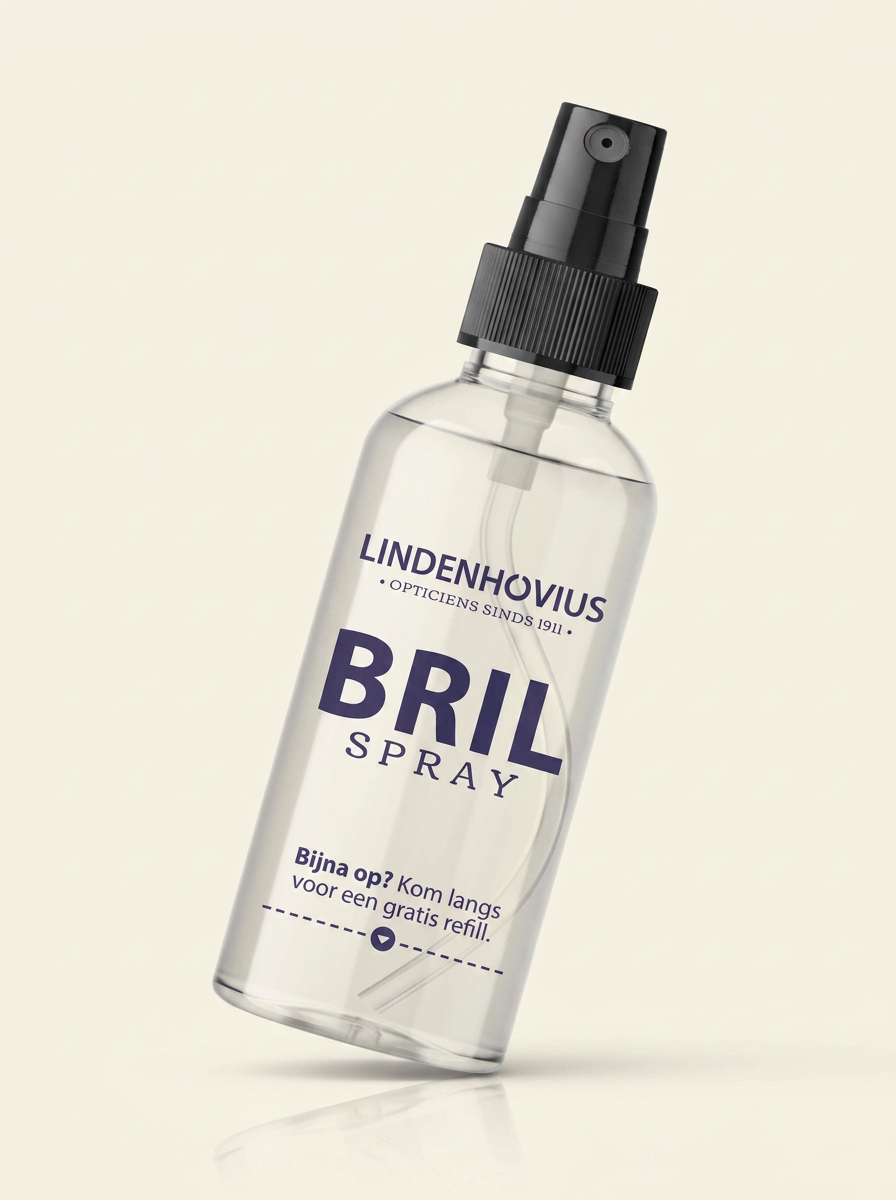 Navulbaar brilsprayflesje in huisstijl Lindenhovius Opticiens Bedrukt brilsprayflesje in huisstijlkleur donkerpaars, rechtstreeks op transparant kunststof, Lindenhovius Opticiens