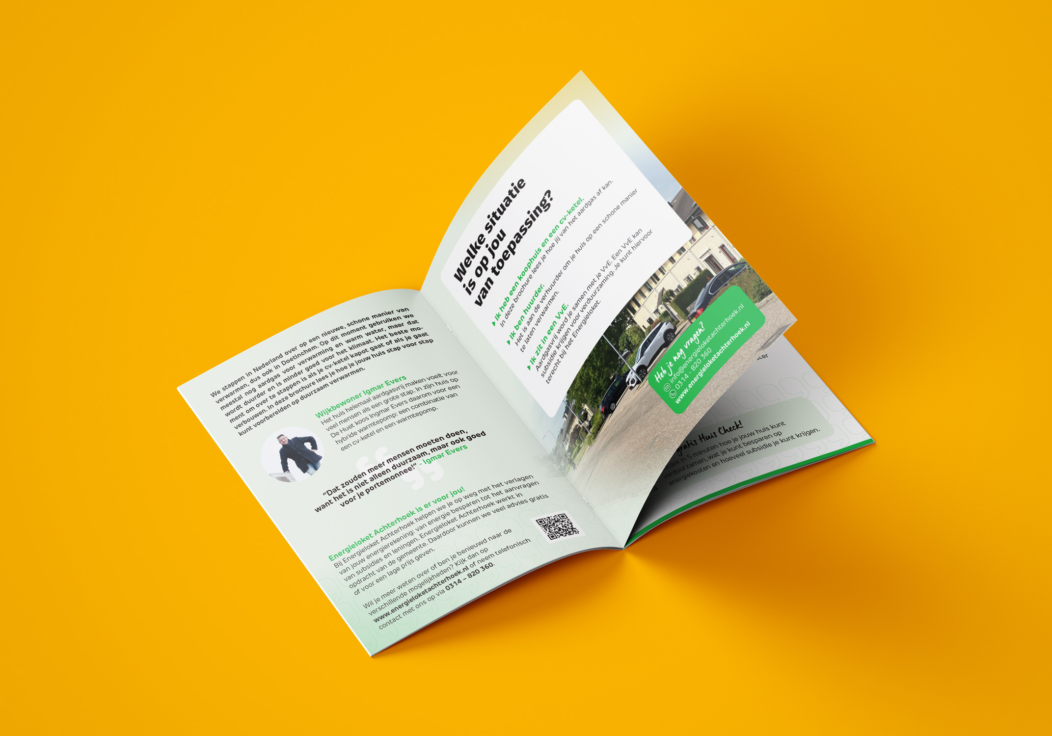Binnenzijde van de brochure met uitleg over verwarmingsopties voor bewoners van De Huet