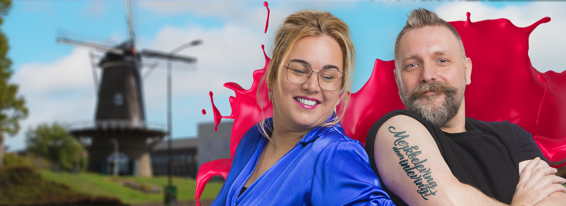 Jeanine en Roy van reclamebureau Lekker in Vorm in Doetinchem, met de Walmolen op de achtergrond Jeanine en Roy van reclamebureau Lekker in Vorm in Doetinchem, met de Walmolen op de achtergrond