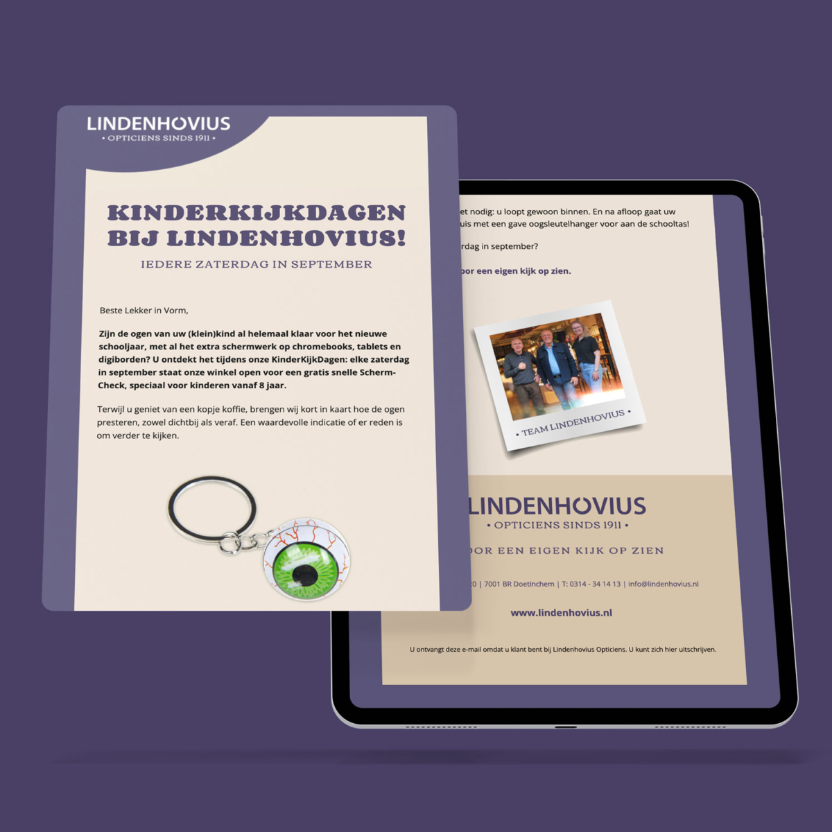 E-mail van Lindenhovius Opticiens over de KinderKijkDagen, met een gratis Scherm-Check voor kinderen en een oogbal-sleutelhanger als cadeau.