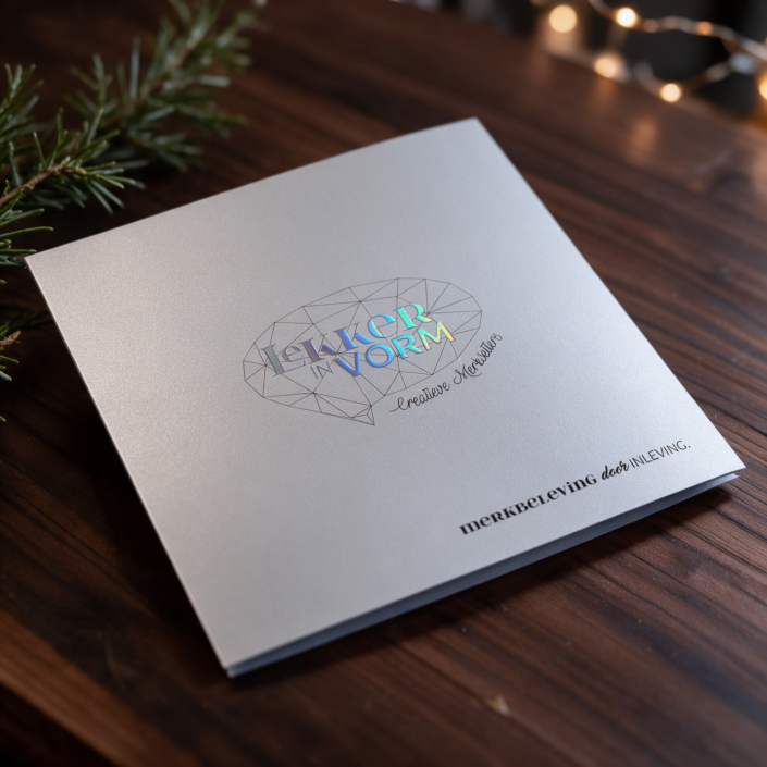 kerstkaart van Lekker in Vorm op ice silver metallic papier met een logo in holografische regenboogfolie
